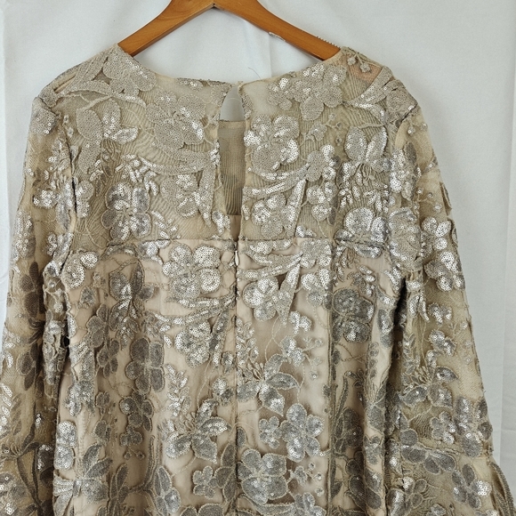 Badgley Mischka Belle Sequin Bell Sleeve Formal Mini Dress 12 Bridal Gown Gold - Picture 11 of 14